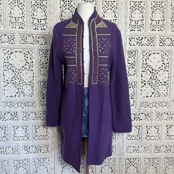 Boo Gemes Purple Sequin Beaded 100% Wool Longline Cardigan Sz Small - Picture 1 of 9